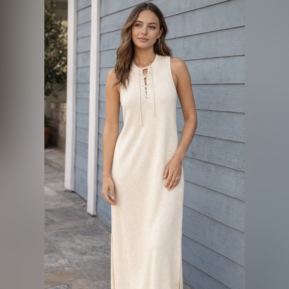 White and Warren Cream Knit Maxi Dress